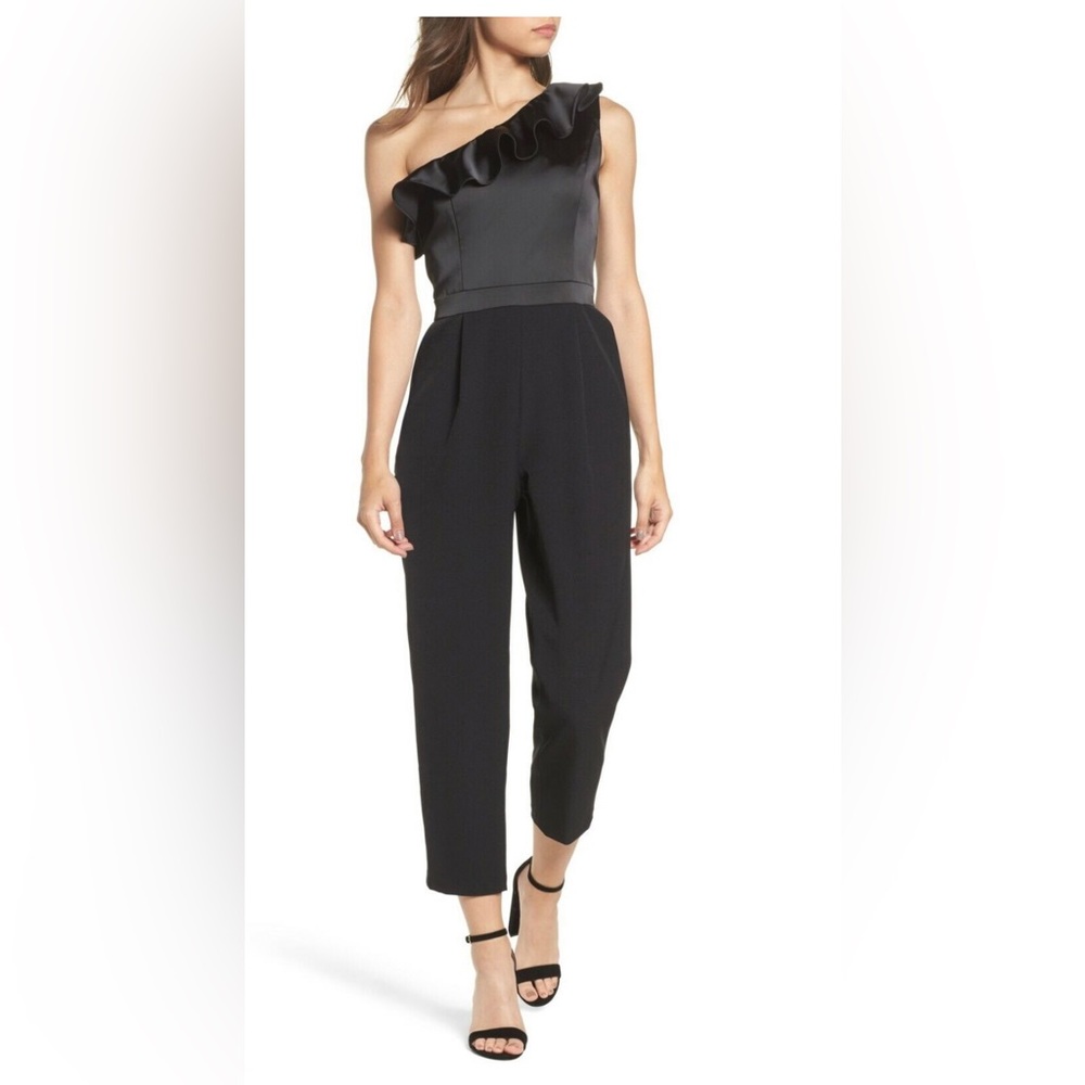 MAGGY LONDON Black One Shoulder Satin Ruffle Stretch Crepe Pant Jumpsuit- size 4
